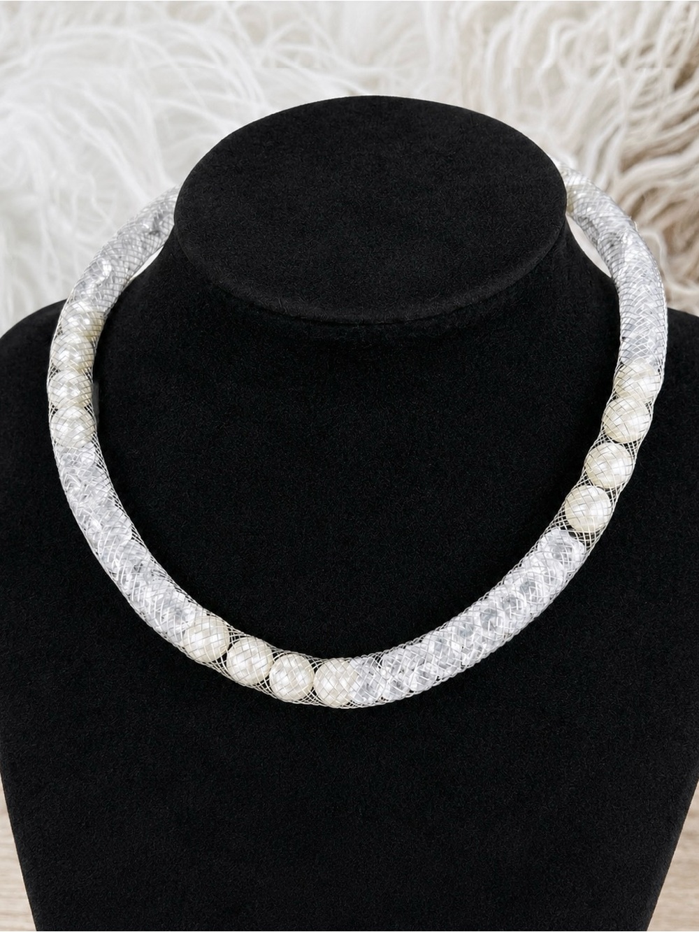 Unique mesh, covered faux pearl and clear 16” choker necklace, Magnetic closure